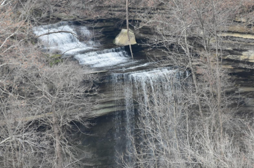 A serene waterfall cascading over rocky cliffs, surrounded by bare trees in a tranquil natural setting.