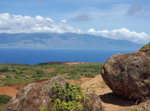 Scenic view of a rocky landscape with lush greenery, overlooking a calm blue ocean and distant mountains under a cloudy sky.