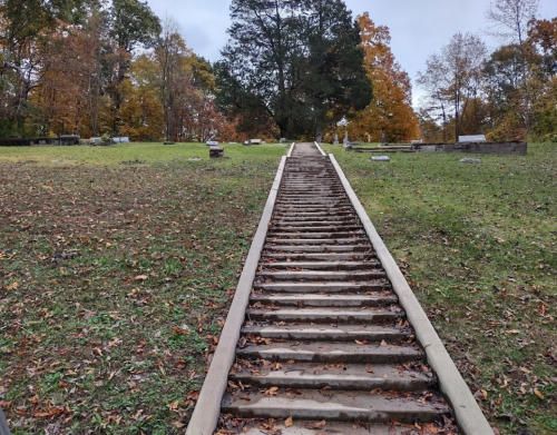 A wooden staircase leads up a grassy hill, surrounded by autumn foliage and gravestones.