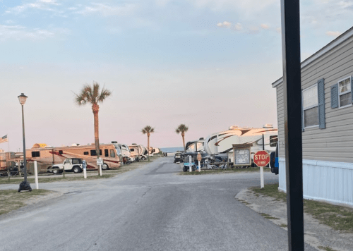 A campground road lined with RVs and palm trees, leading towards the ocean in the distance. A stop sign is visible.