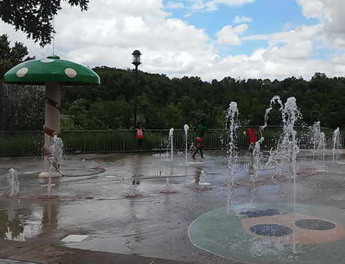 Children play in a splash pad with water fountains and a large mushroom structure under a cloudy sky.