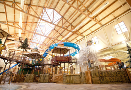 Indoor water park featuring large water slides, play structures, and a rustic, nature-themed design.