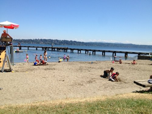 A sunny beach scene with children playing in the sand and water, and a pier extending into the lake in the background.