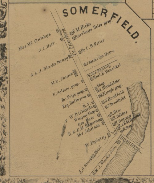 Map of Somerfield showing streets, businesses, and notable locations with names and labels.