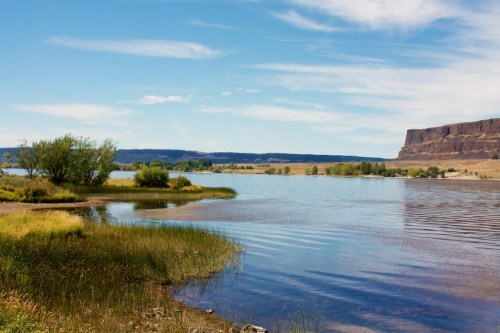 A serene lake surrounded by green grass and trees, with distant cliffs under a clear blue sky.