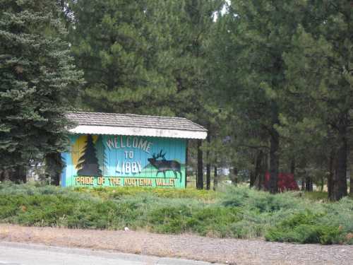 A colorful welcome sign for Libby, Montana, surrounded by tall trees and greenery.