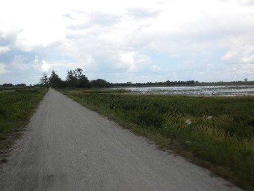 A gravel path runs alongside a lush green field and a calm water body under a cloudy sky.