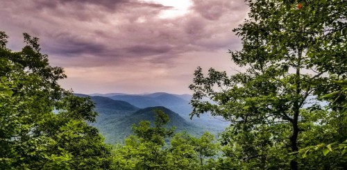 A scenic view of rolling mountains under a cloudy sky, framed by lush green trees.