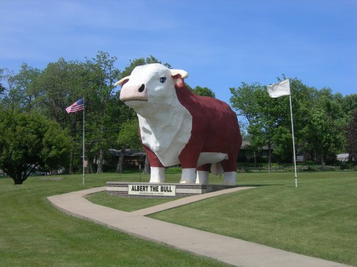 A large statue of a bull named Albert stands on a grassy area, with flags and trees in the background.