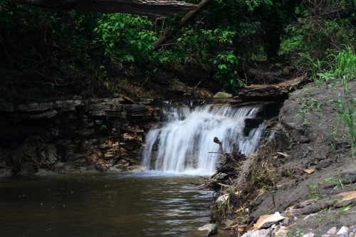 A serene waterfall cascading over rocks into a calm pool, surrounded by lush greenery and trees.