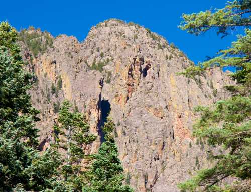 A rocky mountain peak rises against a clear blue sky, surrounded by green trees.