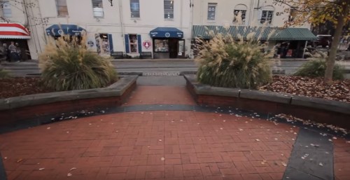A view of a brick pathway leading to shops, surrounded by tall grass and fallen leaves in a town square.
