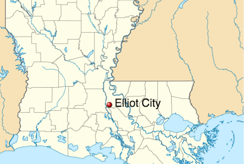Map highlighting Elliot City, located in Louisiana, with surrounding rivers and geographical features.