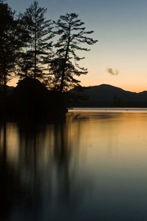 Silhouetted trees reflect on calm water at sunset, with mountains in the background and a soft gradient sky.