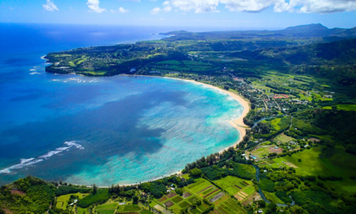 Aerial view of a lush green coastline with a sandy beach and turquoise waters under a blue sky with scattered clouds.
