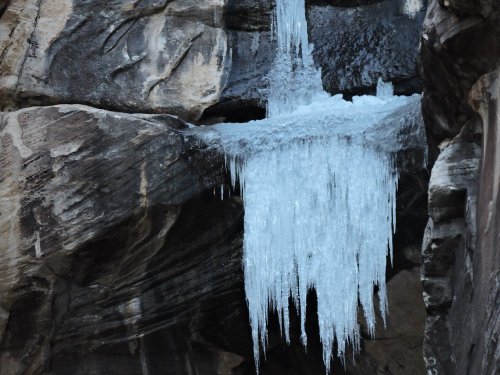 Icicles hanging from a rocky cliff, glistening in the light against a backdrop of dark stone.