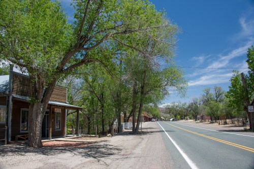 A quiet street lined with trees and rustic buildings under a clear blue sky.