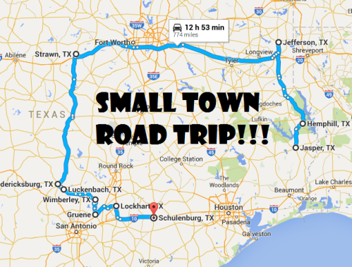 Map showing a small town road trip route in Texas, highlighting towns like Lockhart, Gruene, and Fredericksburg.