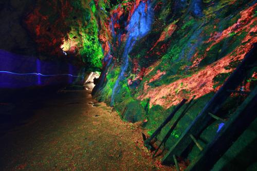A colorful cave interior illuminated with vibrant lights, showcasing textured rock formations and a sandy floor.
