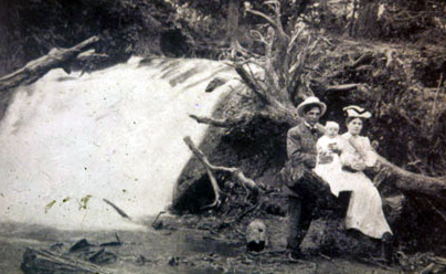 A vintage photo of a couple with a baby sitting by a waterfall, surrounded by trees and natural scenery.
