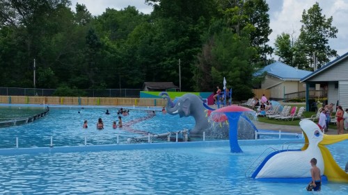 A water park scene with a large elephant slide, a pool, and people swimming, surrounded by trees and lounge chairs.