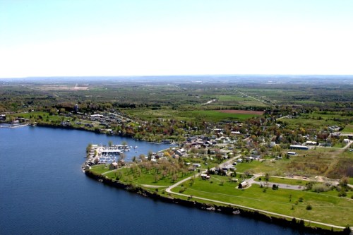 Aerial view of a lush landscape with a river, green fields, and a small town along the water's edge.