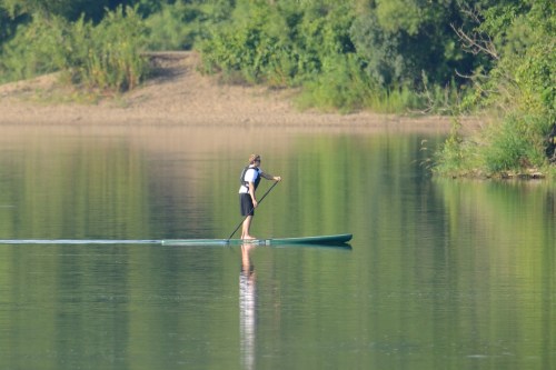 A person paddleboarding on a calm river surrounded by lush greenery.