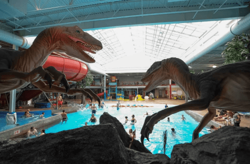 Indoor water park featuring a pool, water slide, and dinosaur sculptures, with people enjoying the water.