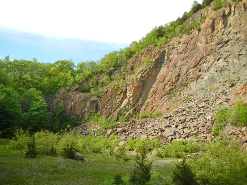 A rocky cliffside covered in greenery, with a grassy area and scattered boulders at the base under a bright sky.