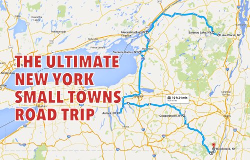 Map highlighting a road trip route through small towns in New York, with key locations marked along the way.