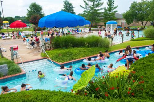 A busy outdoor pool scene with people swimming, lounging, and enjoying the sun under large blue umbrellas.