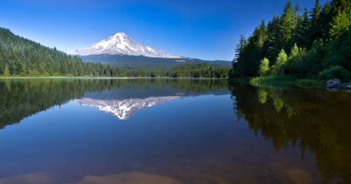 A serene lake reflects a snow-capped mountain surrounded by lush green trees under a clear blue sky.