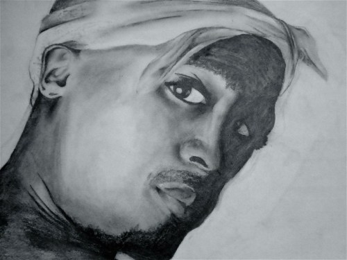 A detailed black and white drawing of a man with a bandana, looking over his shoulder with a serious expression.