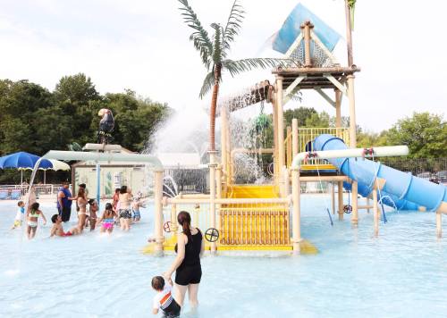 Children playing in a water park with slides and a splash pad, surrounded by palm trees and adults supervising.