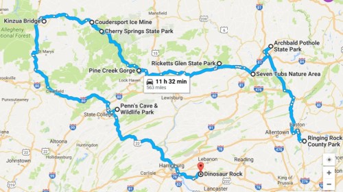 Map showing a scenic route through Pennsylvania, highlighting parks and landmarks, totaling 563 miles and 11 hours 32 minutes.
