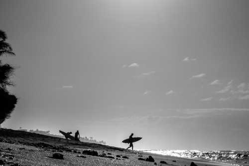 Silhouettes of surfers walking along a beach, with a bright sky and ocean in the background, captured in black and white.