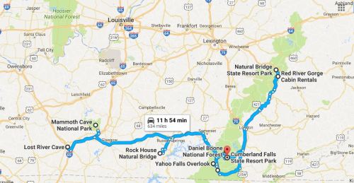 Map showing a route through Kentucky, highlighting parks and attractions like Mammoth Cave and Red River Gorge.