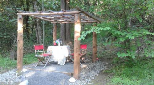 A cozy outdoor dining area with a table and chairs under a wooden pergola, surrounded by trees and greenery.