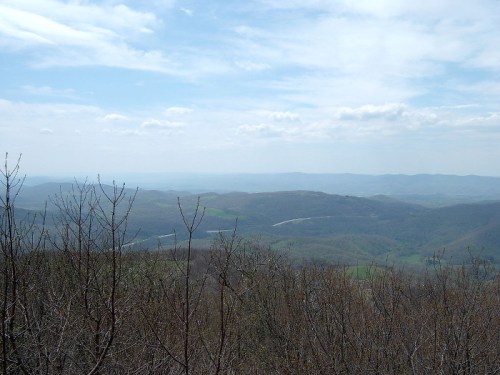 A panoramic view of rolling hills and valleys under a cloudy sky, with bare trees in the foreground.