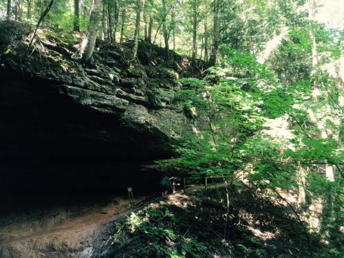A person stands near a rocky overhang in a lush, green forest with trees and sunlight filtering through the leaves.
