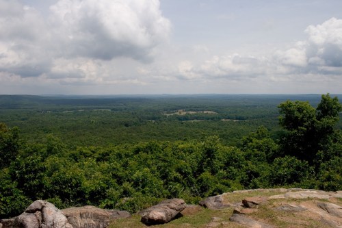 A panoramic view of lush green forests under a cloudy sky, with distant hills visible on the horizon.