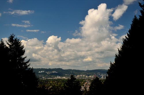 A scenic view of a city skyline surrounded by trees under a blue sky with fluffy clouds.