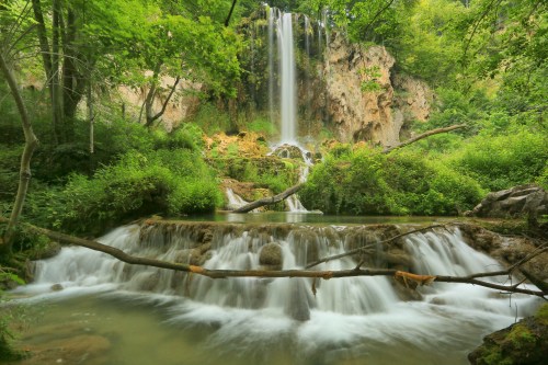 A serene waterfall cascades over rocks into a lush green forest, surrounded by vibrant foliage and flowing water.
