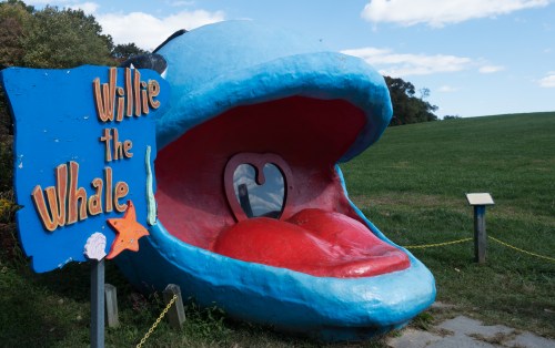 A large, colorful sculpture of a whale's mouth with a sign reading "Willie the Whale" beside it, set in a grassy area.
