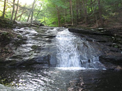 A serene waterfall cascading over rocky terrain, surrounded by lush green trees in a peaceful forest setting.