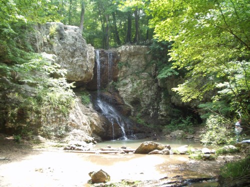 A serene waterfall cascading over rocks into a small pool, surrounded by lush green trees and foliage.