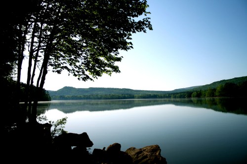 A serene lake surrounded by trees and mountains, reflecting the clear blue sky on a calm day.