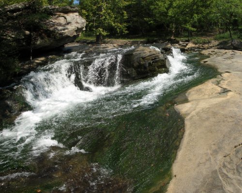 A serene river flows over rocks, surrounded by lush greenery and trees under a clear blue sky.