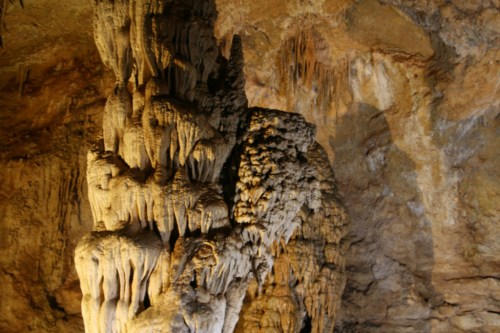 A close-up of a limestone stalagmite in a cave, showcasing intricate textures and formations illuminated by soft light.