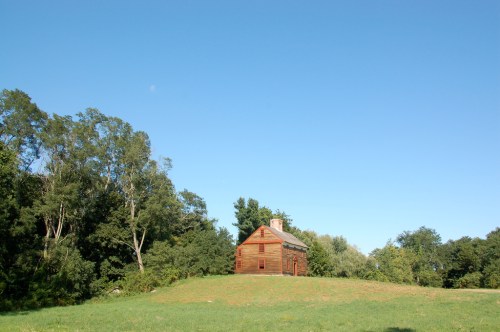 A rustic wooden house sits on a grassy hill, surrounded by trees under a clear blue sky.